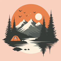 Serene Sunset Camping Scene by a Mountain Lake With Flying Birds illustration