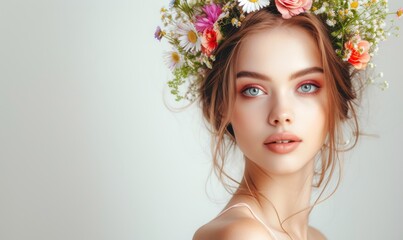 Naklejka premium Portrait of a young woman with wildflowers in hairstyle against a neutral background, with copy space 