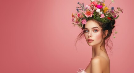 Portrait of a young woman with wildflowers in hairstyle against a pink background, with copy space 