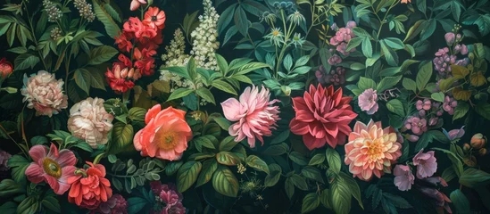 Deurstickers This painting depicts a bouquet of vibrant flowers on a wall. The flowers are in full bloom, showcasing various colors and shapes. The painting is detailed and realistic, capturing the beauty of the © 2rogan