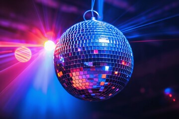 Obraz premium A disco ball with reflecting light beams on a dark background.
