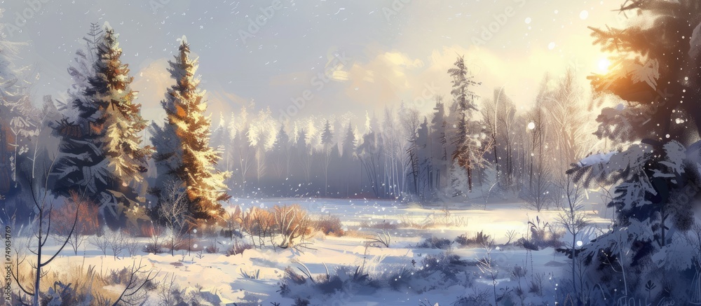 Wall mural this painting depicts a winter scene with snow-covered trees set against a clear sky. the trees are 