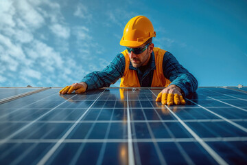 Technician in hard hat and gloves installing solar panels with a clear blue sky in the background - Powered by Adobe