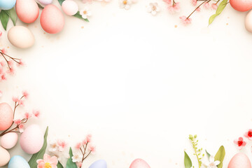 Naklejka na ściany i meble Easter holiday background with eggs and flowers. Easter template, mockup, with copy space for text.