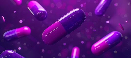 Antibiotic pill capsules falling in a group on a medical themed 3d illustration background. - obrazy, fototapety, plakaty