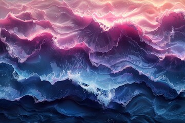 sunset blue waves background, in the style of surreal 3d landscapes, whimsical topography, dark turquoise and light magent. Generative AI