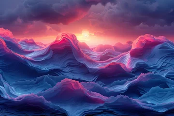 Foto op Plexiglas sunset blue waves background, in the style of surreal 3d landscapes, whimsical topography, dark turquoise and light magent. Generative AI © Skiffcha