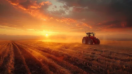 Rolgordijnen combine harvester cropping yellow wheat in the autumn field, dark turquoise and light crimson, red and indigo, dark gold and crimson. Generative AI © Skiffcha