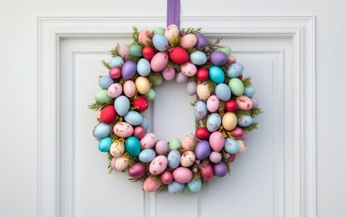 Colorful Easter Egg Wreath Hanging on The Front Door Isolated on White Background.