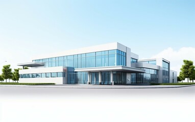 Contemporary Hospital Building Glass Facade Isolated on White Background.