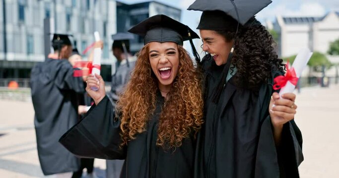 Women, friends and face at graduation with certificate, success or celebration with hug at campus. Group, people and embrace with diploma, diversity or cheers with support for achievement at college