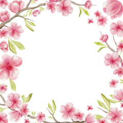 Watercolor light pink cherry blossom flowers and petals frame, border, copy space. Hand drawn sakura illustration.