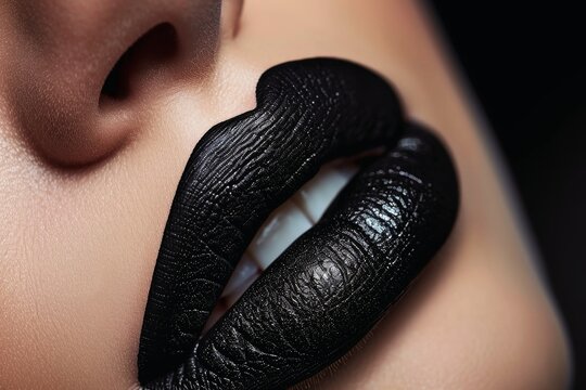Female lips with a black lipstick makeup.