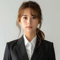 A Young Asian Woman in Business Suit Posing for a Picture