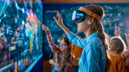 Kids engage with VR geography learning. Children immerse themselves in a geography lesson using virtual reality glasses and holographic technology