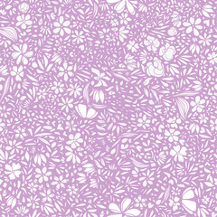 Various botanical elements seamless repeat pattern. Random placed, vector flowers, leaves, herbs, aop all over surface print on lilac background.