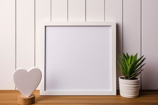 White picture frame on wooden table with heart decor and plant, interior design concept.