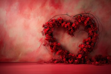 Heart Shaped Red Rose Arrangement on Red Background