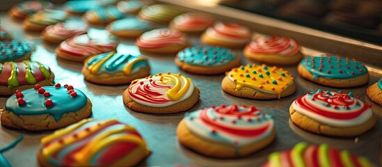 Fototapeta na wymiar A close-up view of a tray filled with colorful and intricately decorated cookies. The cookies are neatly arranged on a baking sheet, showcasing a variety of shapes and designs using vibrant glazes and