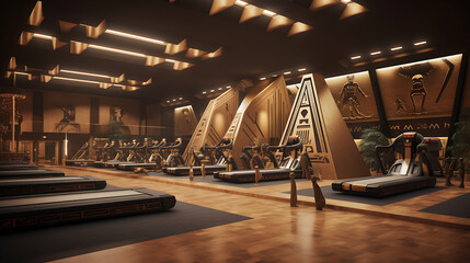 A gym interior inspired by ancient Egyptian architecture, with pyramid motifs and hieroglyphic decorations. - obrazy, fototapety, plakaty