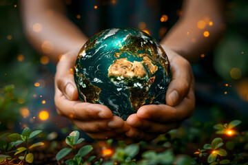 Hand Holding Glowing Globe in Green and Gold Stylized Forest
