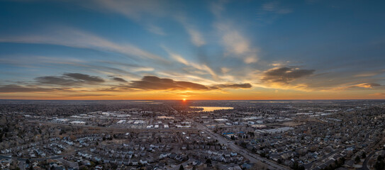 winter sunrise over midtown of Fort Collins and plains in northern Colorado, aerial panorama