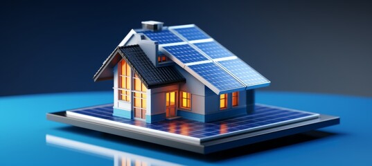 Futuristic smart home 3d model with solar panels rooftop system on blurred background, copy space.