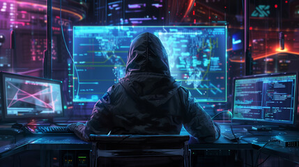 Anonymous hacker wearing a hoodie, seated in front of a commanding monitor - obrazy, fototapety, plakaty
