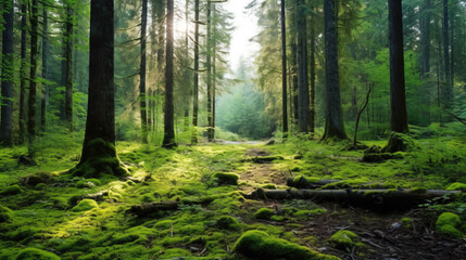 A wild forest with trees and lots of green in spring - obrazy, fototapety, plakaty