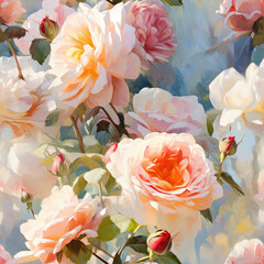 Seamless pattern of lush garden roses in full bloom, oil painting style