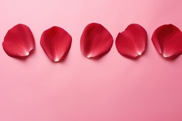 Red rose petals arranged in heart shape on a pink background.