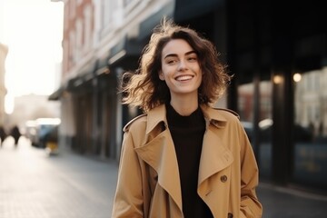 Joyful young woman with a radiant smile walking on a sunny city street, exuding confidence and happiness.