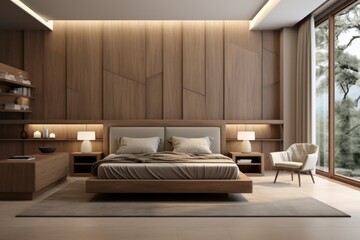 Modern Bedroom Interior Design With Wooden Paneling and Forest View at Dusk