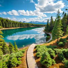 A cascading waterfall tumbles down lush green rocks in a natural summer landscapeA scenic summer landscape with a calm lake reflecting snow-capped mountains and evergreen trees