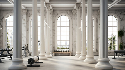 A gym interior inspired by ancient Greek architecture, with columns and marble accents.