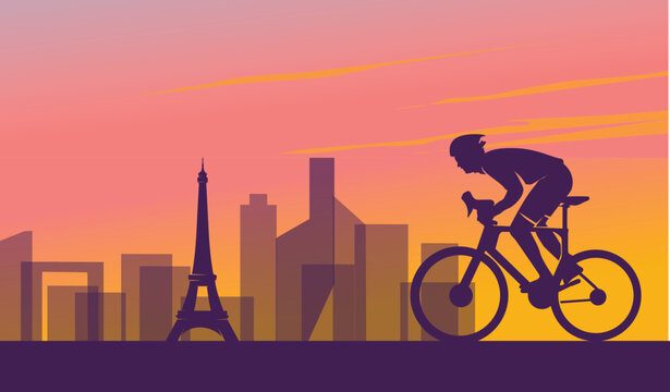 Great cool vector editable bicycle racer with paris city as background design for your championship community event	