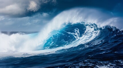 Powerful colossal ocean wave crashing under clear blue sky, side view perspective