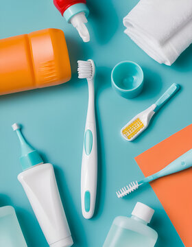 Flat lay composition with manual toothbrush, irrigatoro, toothpaste and oral hygiene products on colored background