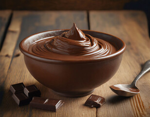 Bowl of melted chocolate on wooden background