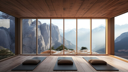 Spacious yoga studio with sunrise hill view. Health and wellness setting Generative AI