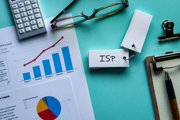 There is notebook with the word ISP. It is an abbreviation for Internet Service Provider as eye-catching image.