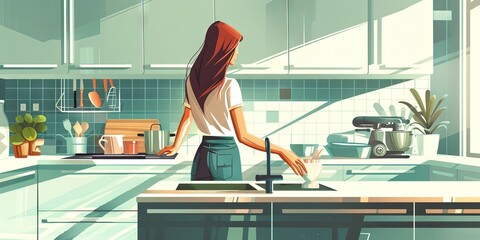 Woman washing dishes and cleaning the kitchen - obrazy, fototapety, plakaty