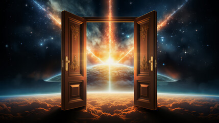 Ornate doors opening to cosmic event, metaphor for discovery. Generative AI