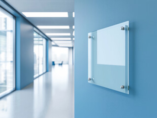 A glass poster display on a blue wall in a modern interior, providing space for advertising or concept presentation. Ai generative illustration