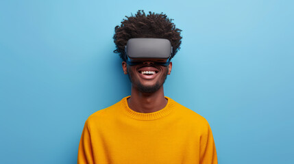 A man wearing VR glasses against a blue background, embodying a futuristic vision of reality. Ai generative - obrazy, fototapety, plakaty
