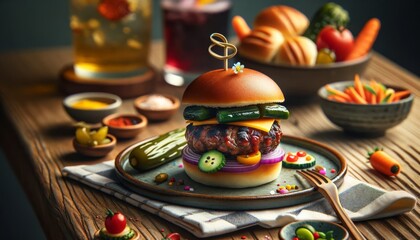 Burger with small beef patty, Korean BBQ, and Thai pickles on artisan bun. Cute burger, Korean and Thai touches, on a small wooden table.