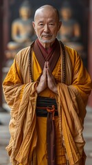 Fototapeta premium A man wearing a yellow outfit stands in front of a building.