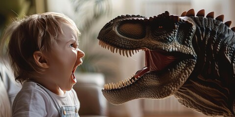 Young toddler screaming at dinosaur 