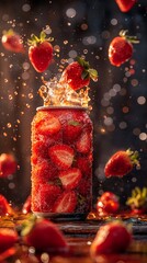 A red can of strawberries with a splash of water on top, fresh and sliced