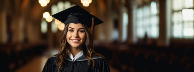 A smiling European woman in graduation attire inside a university hall. Ai generative illustration